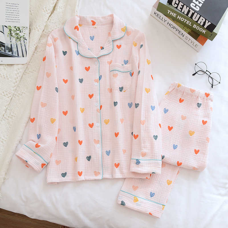 Cotton Crepe Heart Print Women Pajamas Thin Sleepwaer Pyjamas Women Soft Loose Pajama Set Casual Long Sleeve Pijamas Suit 210924