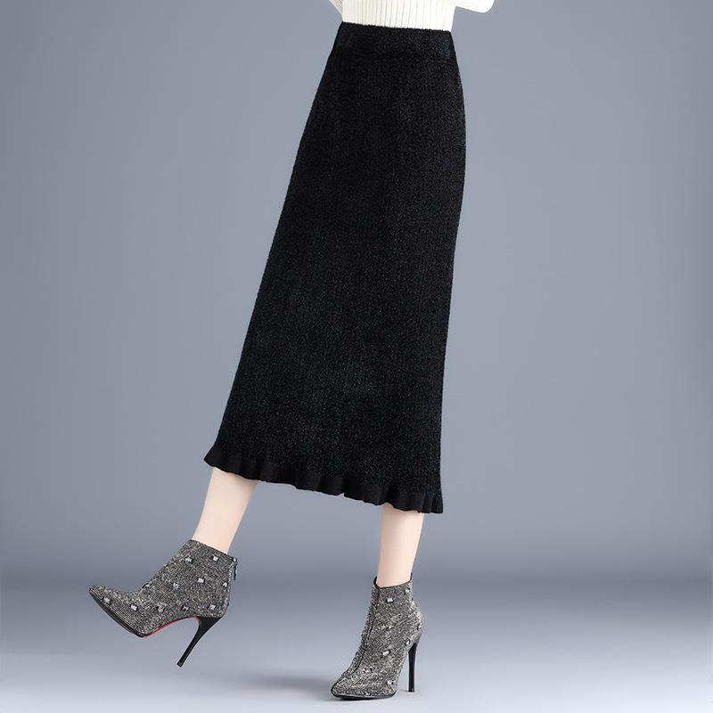 Skirts Autumn Winter Elastic High Waist Slim Black Two-sided Knitted Fishtail Skirt All-match Women Long