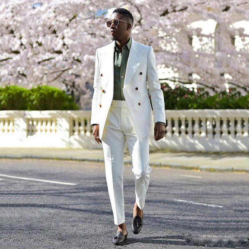 Gentleman White Double Breasted Mens Wedding Tuxedos Peaked Lapel Slim Fit Dinner Jacket and Pants Suits Tailor Blazer Groom Formal Wear 2 Pieces Prom