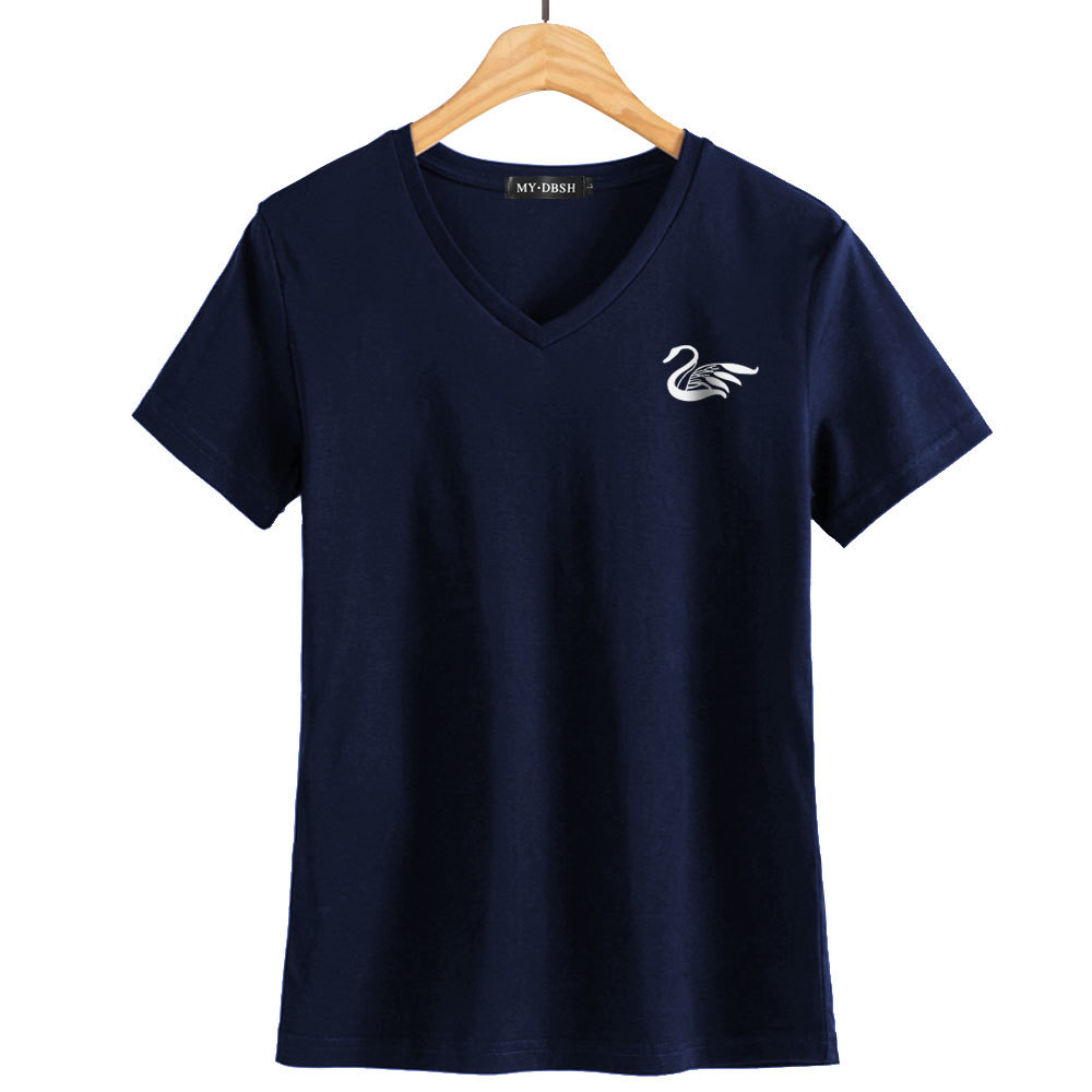 Plus Size Swan Printing Cotton Women Tshirts New Summer V-neck Ladies Tees Shirt Female T Shirts Short Sleeve T-shirts Tops 210306