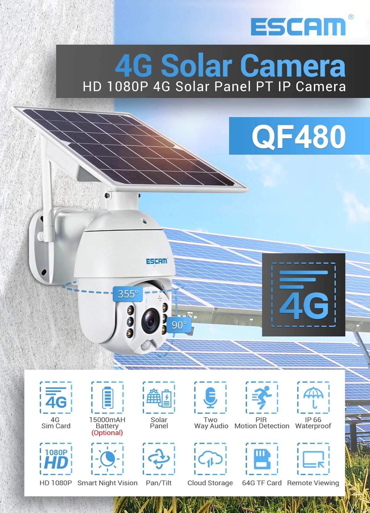 QF480 1080P Cloud Storage PT 4G PIR Alarm IP Camera With Solar Panel Full Color Night Vision IP66 Waterproof Two Way Audio Camera