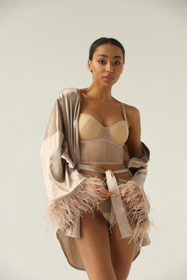 Ostrich Feather Women Sleepwear Long Sleeve Maternity Sexy Kimono Party Bathrobe wiht Belt Lady Nightgown Robe