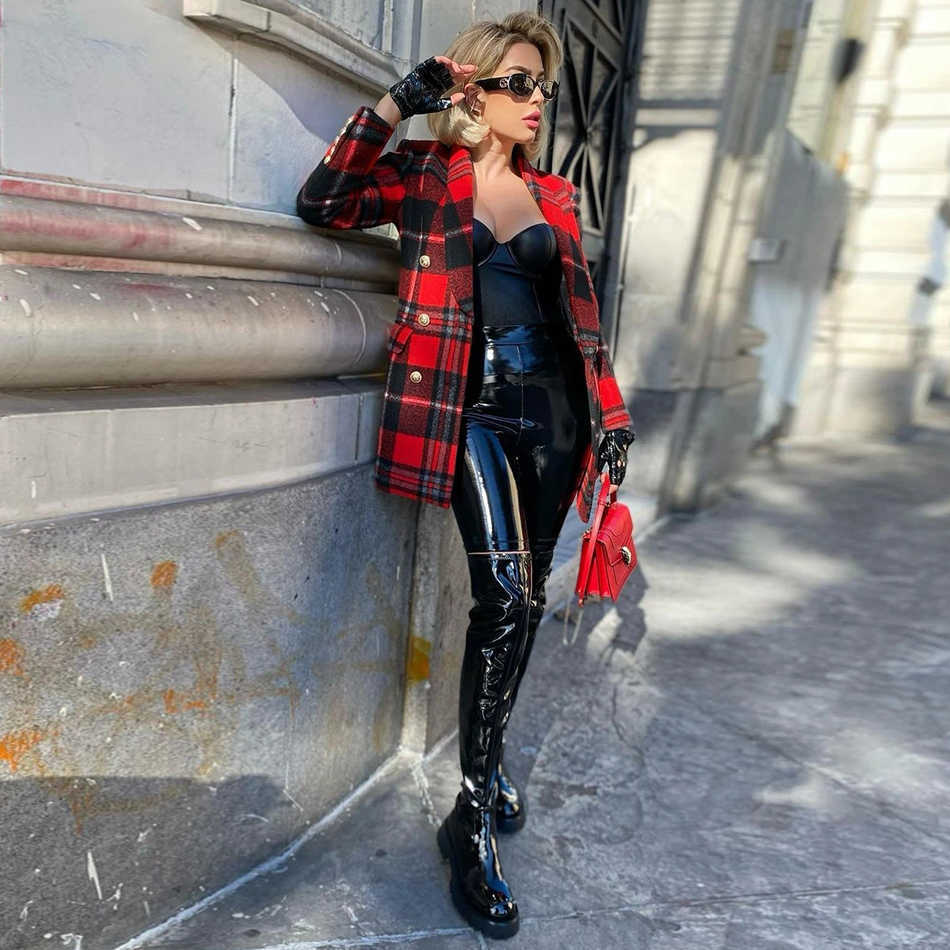 Summer Fashion Coat Ladies Office Plaid Red Slim Double Breasted V-Neck Sexy Women 210525