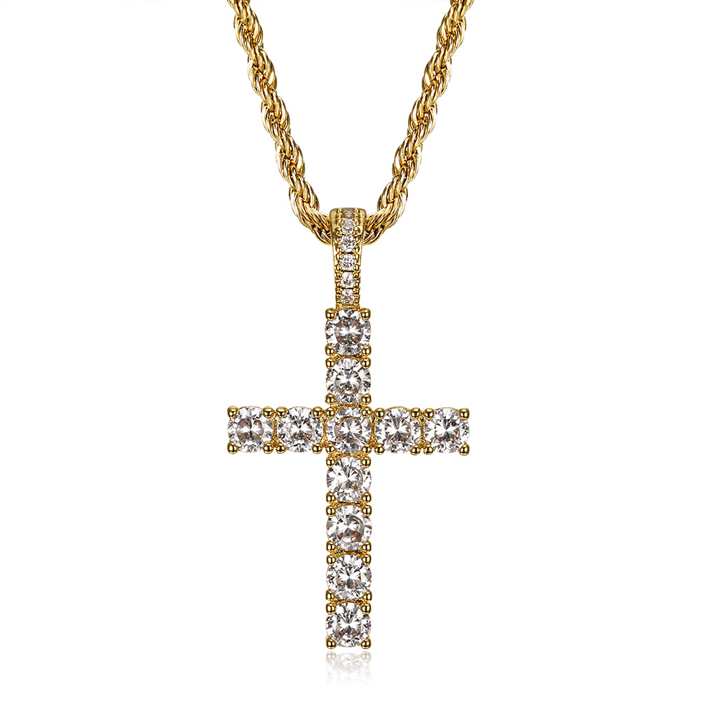 Hip Hop Stainless Steel Cross Pendant Necklace Bling White Zircon 18K Gold Plated Religious Jewelry Men Women Gift