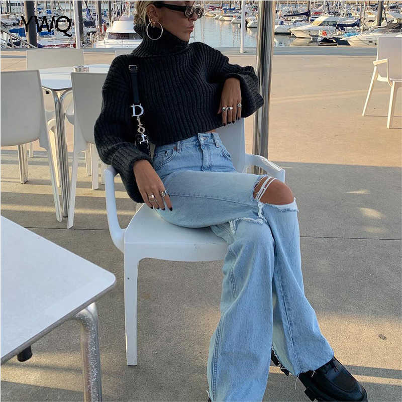 Cargo Pants Women Jeans High Waist Ripped Baggy Jeans Fashion Vintage Knee Hole Full Length Pants Solid Blue Cool Denim Trousers 210616