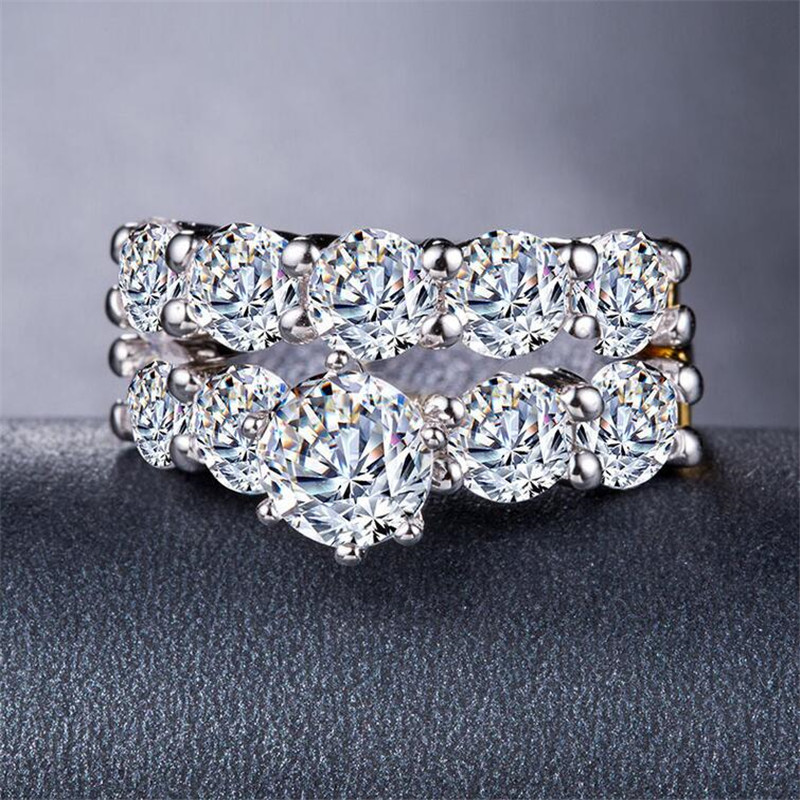 Luxury Jewerly Couple Rings 925 Sterling Silver Round Cut White Topaz CZ Diamond Gemstone Eternity Women Wedding Engagement Bridal Ring Set