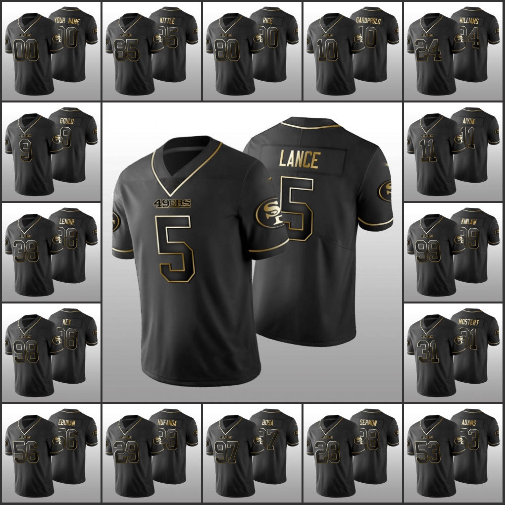 Jersey San Francisco''49ers''Men #85 George Kittle 97 Nick Bosa 5 Trey Lance 11 Brandon Aiyuk''NFL''Women Youth Custom Black Golden Edition