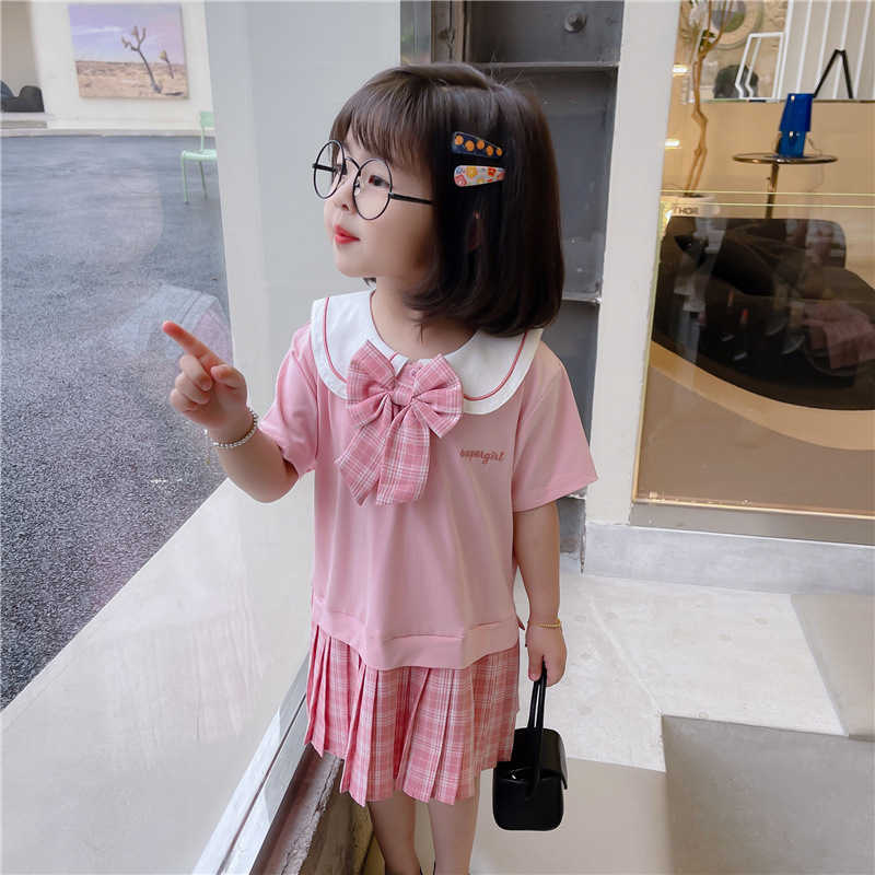 School Girls Stylish Toddler Girl Summer Clothes Fashion Preppy Tops and Plaid Pleated Skirt Clothing Set 2pcs 210529