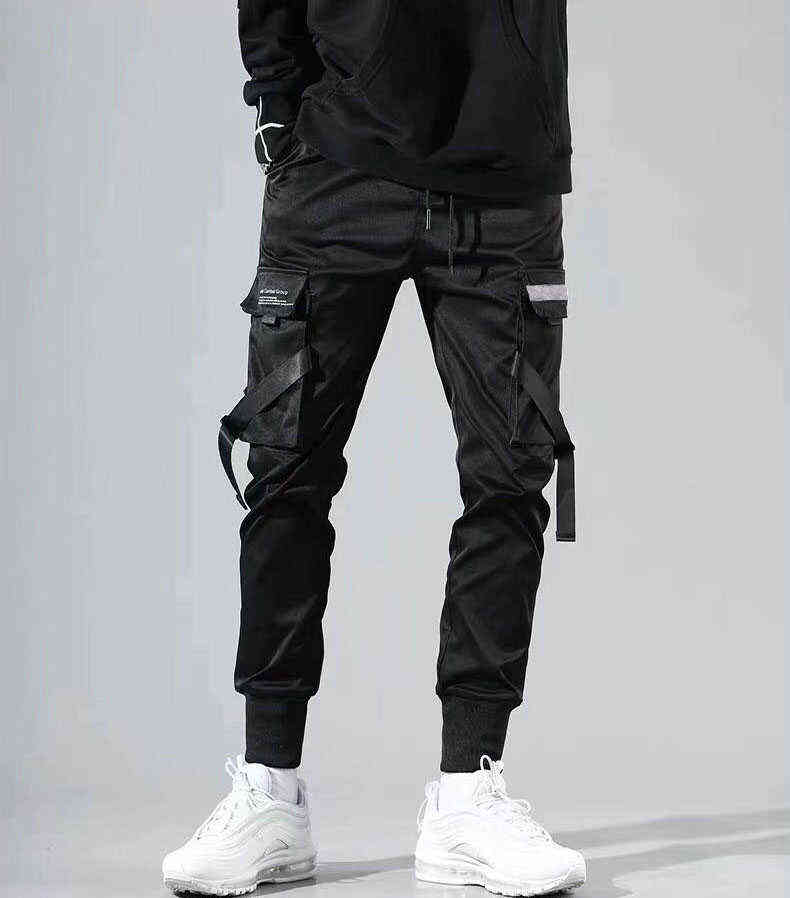 Men Cargo Pants Black Ribbons Block Multi-Pocket Harem Joggers Harajuku Sweatpant Hip Hop Casual Male Trousers 211112