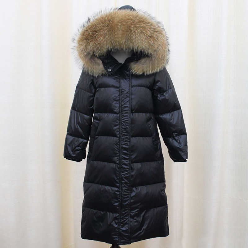 Large Natural Raccoon Fur Collar Hooded Winter Down Jacket Women 90% White Duck Down Thick Warm Park Female Long Snow Coat 210819