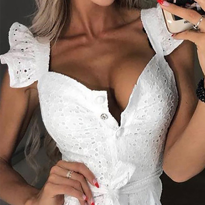 Women White Dress Lace Up Sexy Midi Vestidos Ruffles Sleeveless Bodycon Female Dresses Buttons Belt Elegant Ladies Clothes 210303