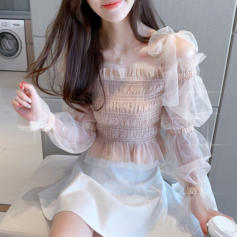 Women's Tops Ruffle mesh stitched Transparent lace chiffon shirt one-word Shoulder Sexy Splice Chiffon Bow Blouses Shirts 91B 210225