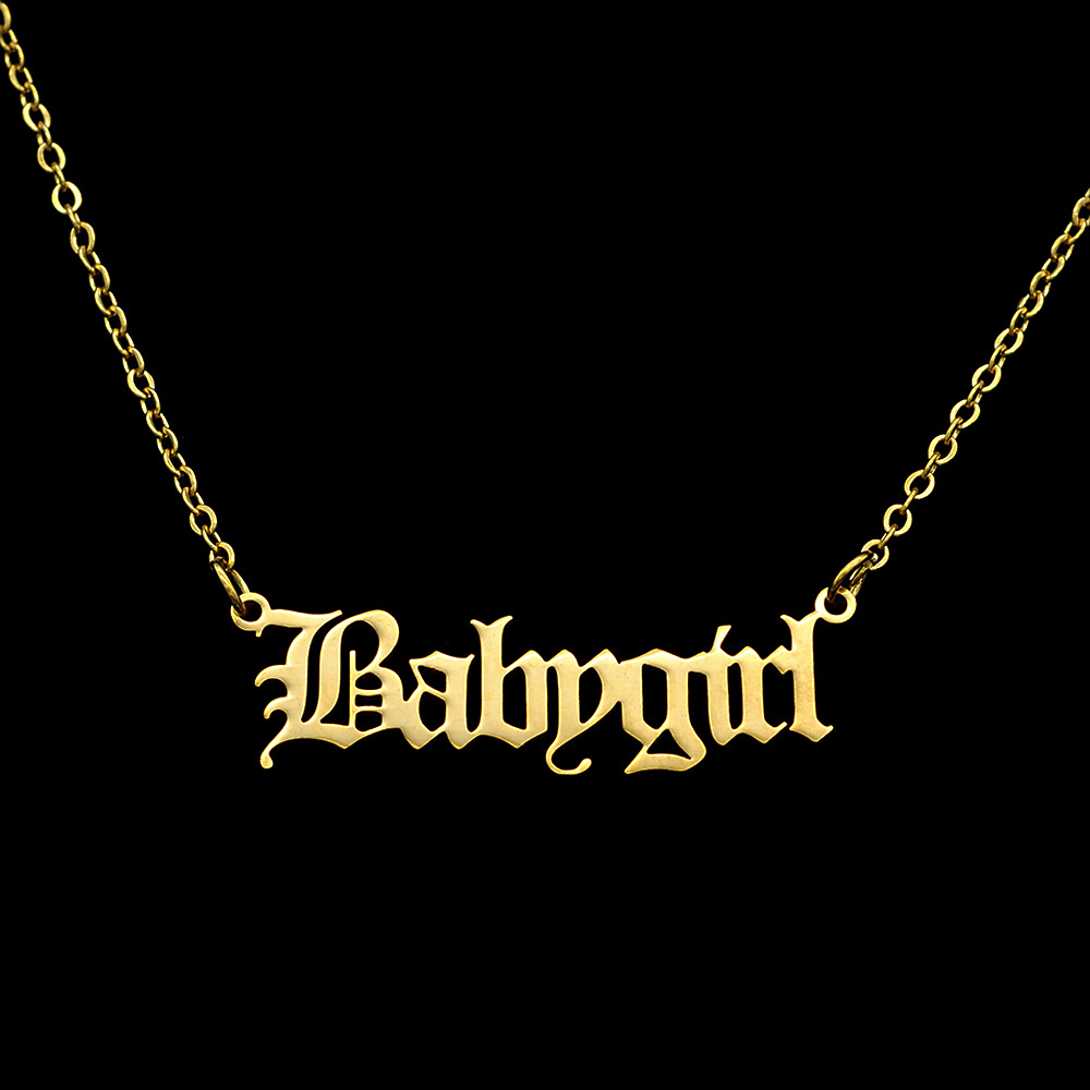 30PCS Old English Letter Word Babygirl Necklaces Stainless Steel Initial Alphabet Name Logo Pendant Charm Chain Minimalist Collar Choker Jewelry for W