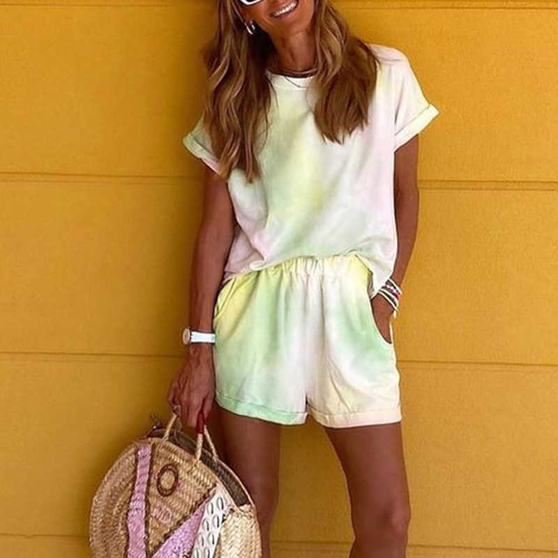 Tie Dye Printed Women Clothing Set Two Piece Long Sleeve Blouses + Shorts Ladies Outfits Fashion Casual Female Clothes Set 210709