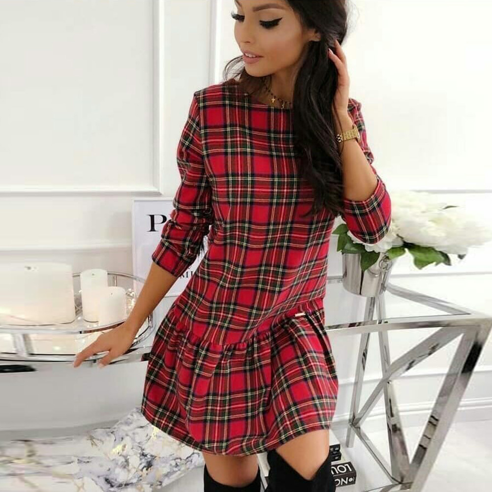 Plaid Dress For Women Long Sleeve Autumn Fashion Round Neck Loose Lady Mini Dress Red Casual Fall Female Party Dress Vestido 210309