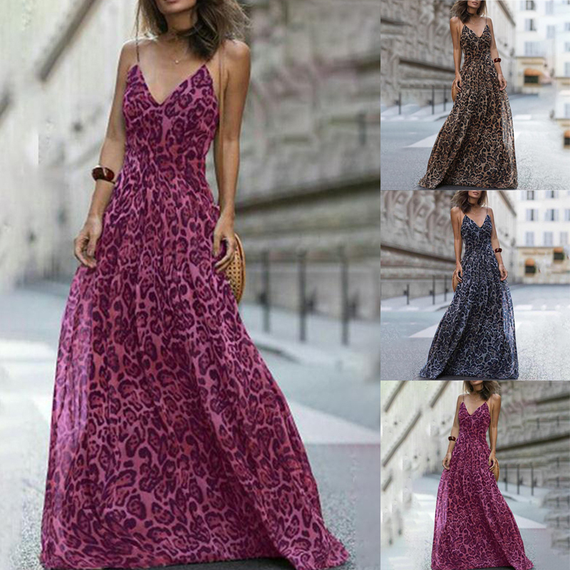 Fashion Sexy Leopard V-Neck Sling Maxi Dresses Women Summer Sleeveless Chiffon Beach Long Robe Tops Dress 210304
