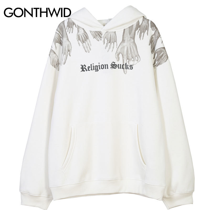 GONTHWID Hands Religion Sucks Print Fleece Hooded Sweatshirts Hoodies Hip Hop Punk Rock Streetwear Casual Tops Hipster Hoodie 201103
