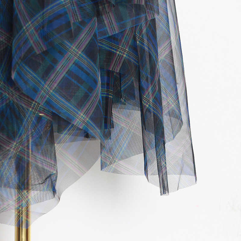 Fashion Elegant Temperament Blue Mesh Plaid Skirt High Waist A-line Women Skirts Fresh All-match Office Lady Jupe 210525
