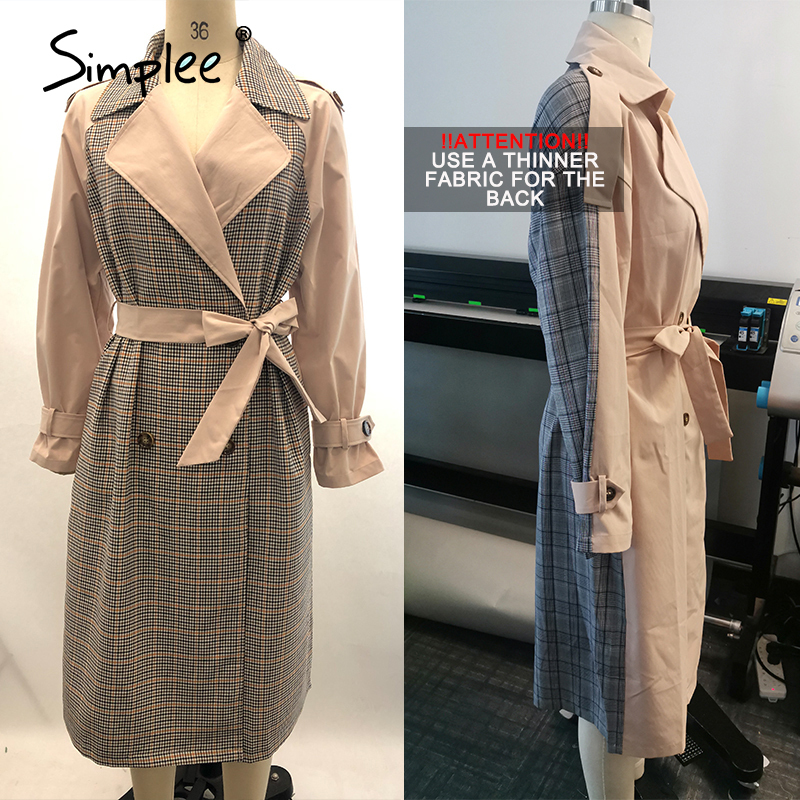 Simplee Causal light tan autumn women trench coat Split joint elegant long sleeve coat Plaid long coat with belt windbreaker 210218