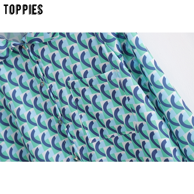 Geometric Print Shirt Women Summer Midi Dress Long Sleeve Single Breasted T200603 B4