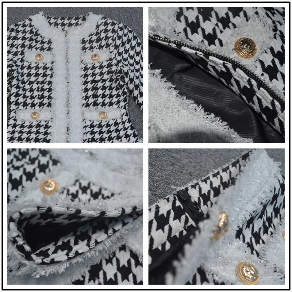 All Free Two-Pieces Women Chic Houndstooth Casual Jacket Coat+Gold Button Mini Ladies Office Skirt Suit 210525