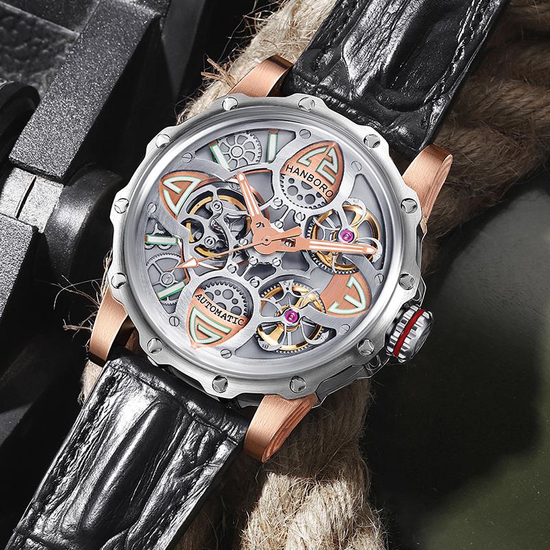 Wristwatches Hanboro Double Tourbillon Hollow Out Automatic Mechanical Watch Top Ten Brands Waterproof Luminous Trend Men's