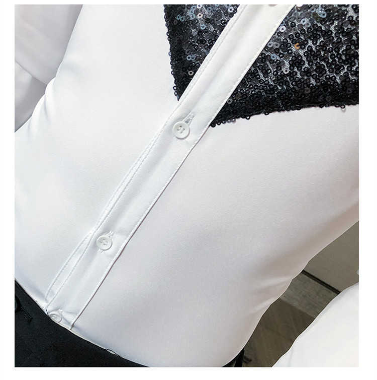 White Black Tuxedo Shirt Men Sequins Patch Solid Long Sleeve Dress Slim Fit Shirts Stage Wedding Prom Gentleman Blouse Male 210730