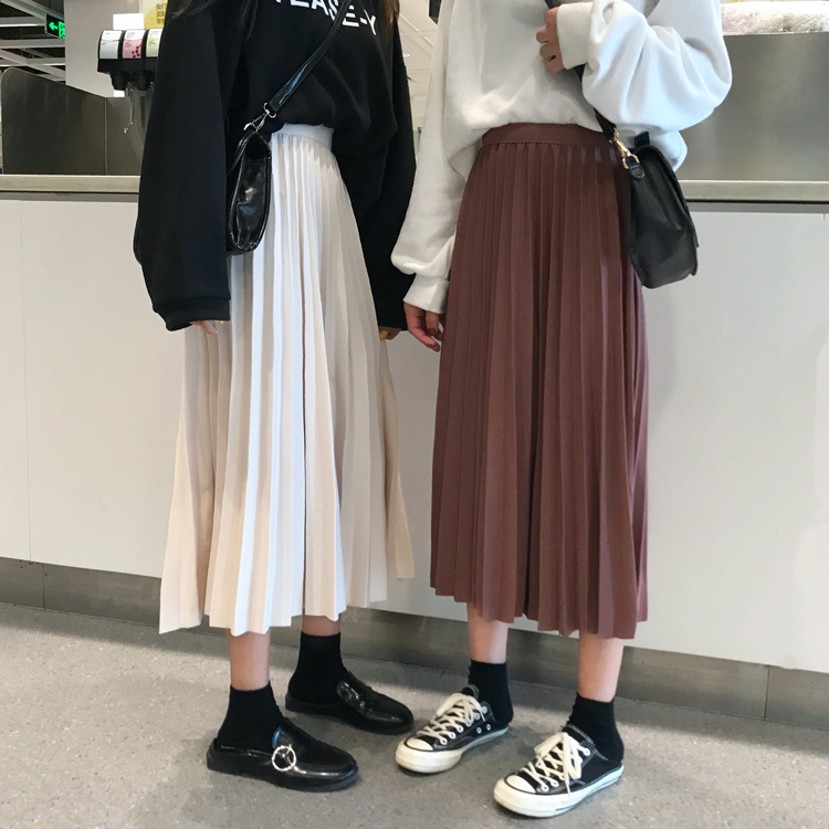 Winter Women Draped Rib Pleated Skirt Elastic High Waist Long Skirt Female Autumn Ladies High Quality Midi Skirt Saia 210306