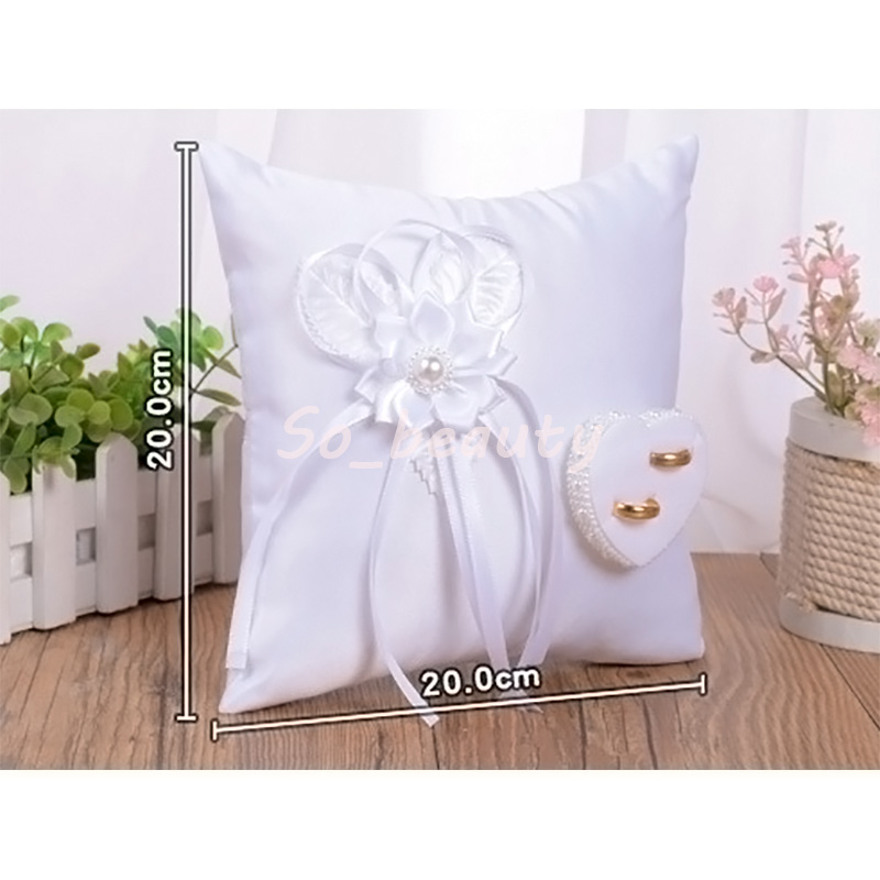 White Flower Bud Wedding Ring Pillow with Heart Setting Satin Cushion Party Suppliers High Quality