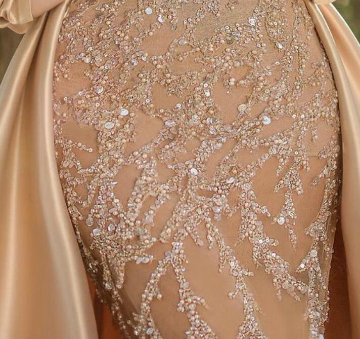 Aso Ebi 2021 Arabic Gold Luxurious Sexy Evening Dresses Beaded Crystals Prom Dresses Sheath Formal Party Second Reception Gowns ZJ115