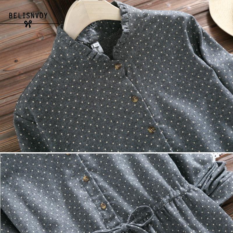 Mori Girl Spring Autumn Women Dresses Stand Collar Elbise Long Sleeve Vintage Dress Polka Dot Printed Femininos Vestidos 210309