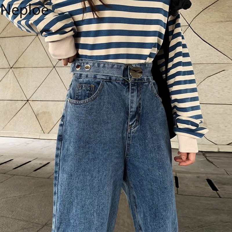 Neploe High Waist Jeans Women Spring 2021 Solid Zipper Fly Button Ladies Trousers Loose Korean Pockets Wide Leg Pants 1A005 210222