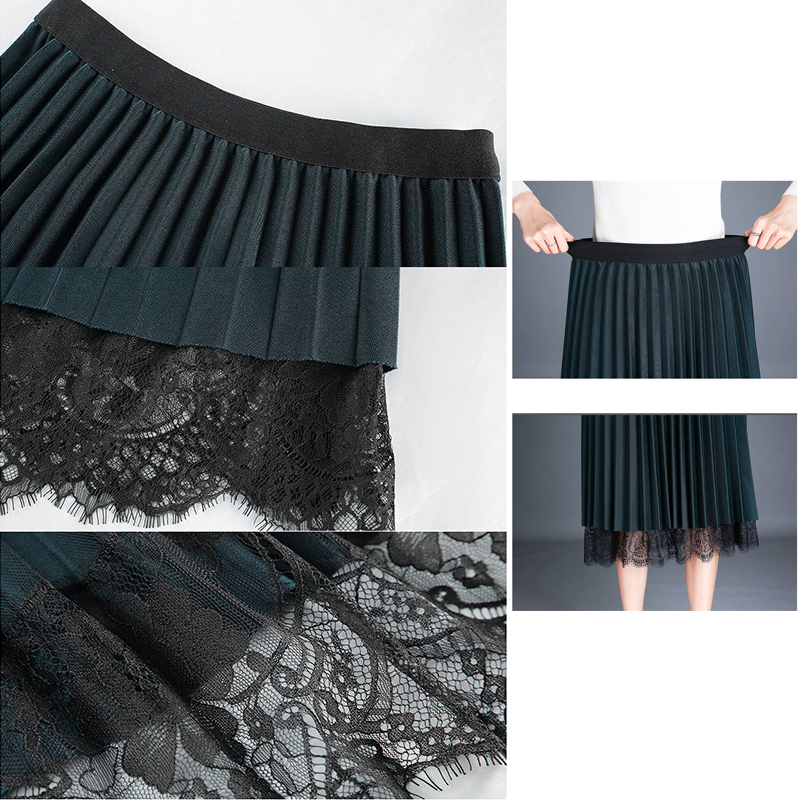 Women Vintage Long Lace Tulle Skirts New Autumn Hollow Out Black Spring Pleated Skirt Plus Size Elastic Waist Midi skirts 210309
