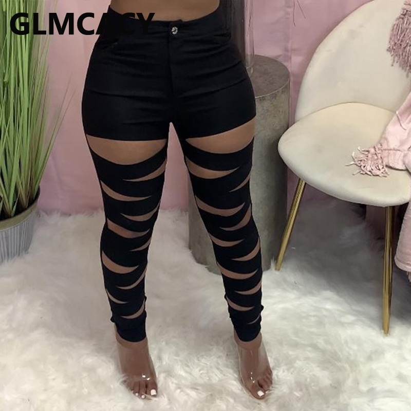 Women High Waist Ripped Hollow Out Bodycon Pencil Pants 210702