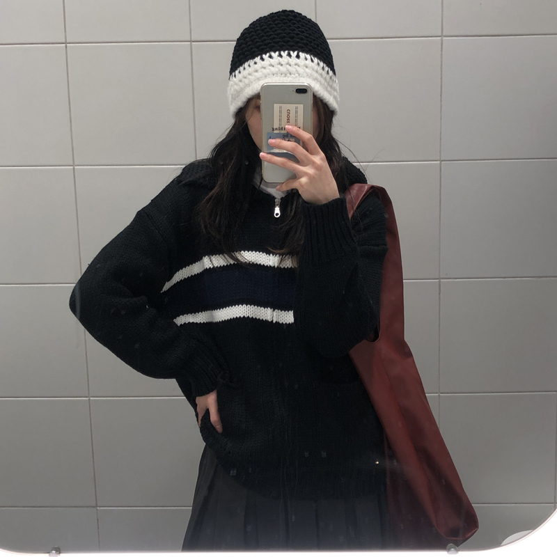 2 Colors autumn and winter korean style turn down collar stripe zipper thick knittd cardigans womens sweaters womens(C8540) 210218