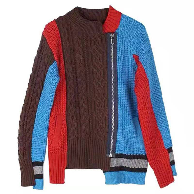 DEAT new autumn and winter round neck full sleeves knitting zippers contrast colors cardigan female clothes WN60205L 210218