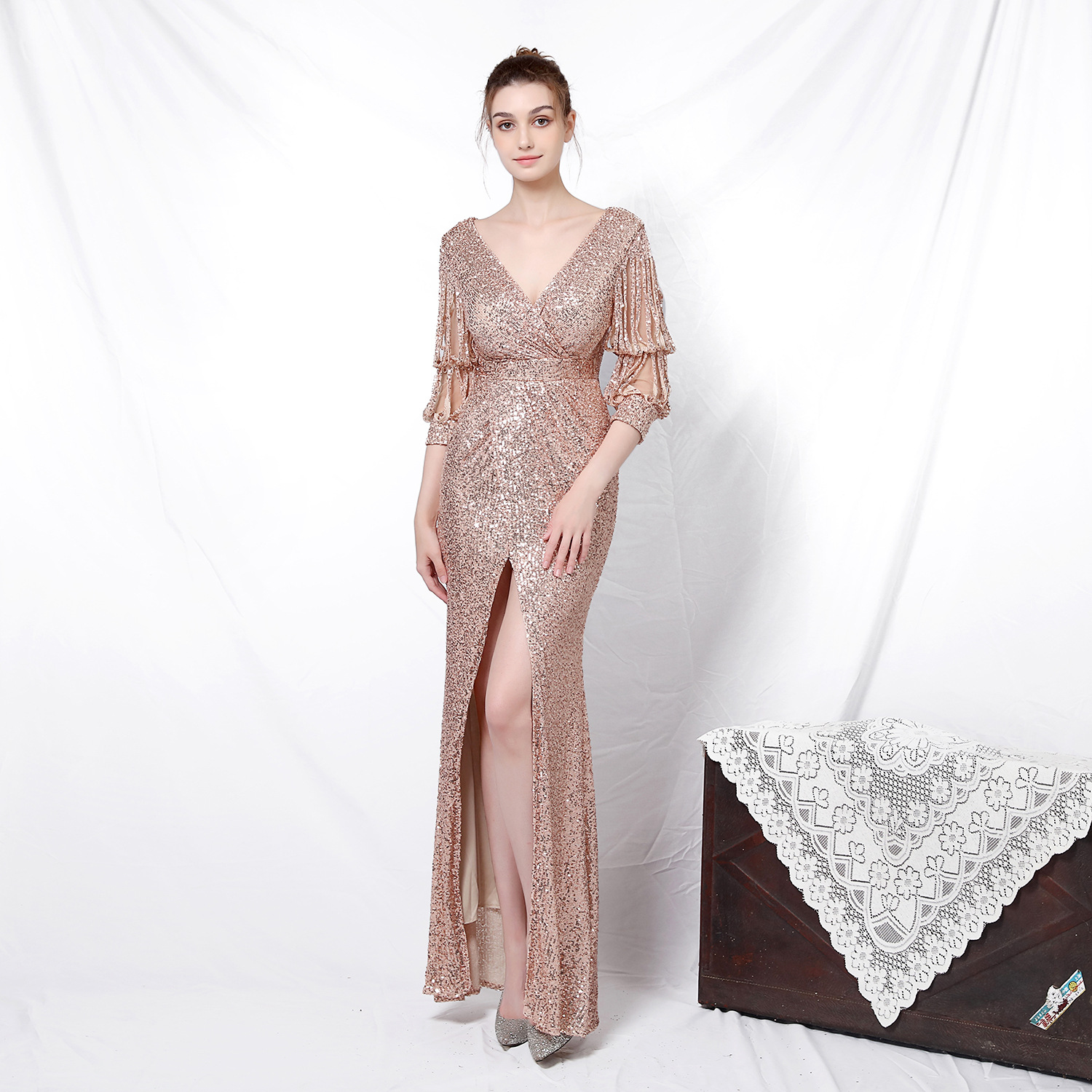 Luxury Bling Burgundy Prom Formal Dress Tassel Long Sleeve V-neck robe de soirée femme Mermaid Full length Evening Gown