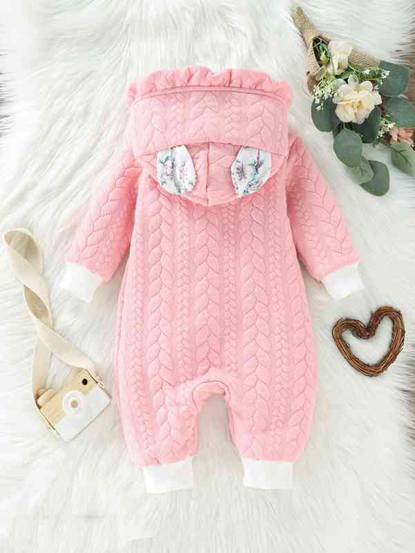 Baby Cable Textured Frill Trim Hooded Jumpsuit SHE