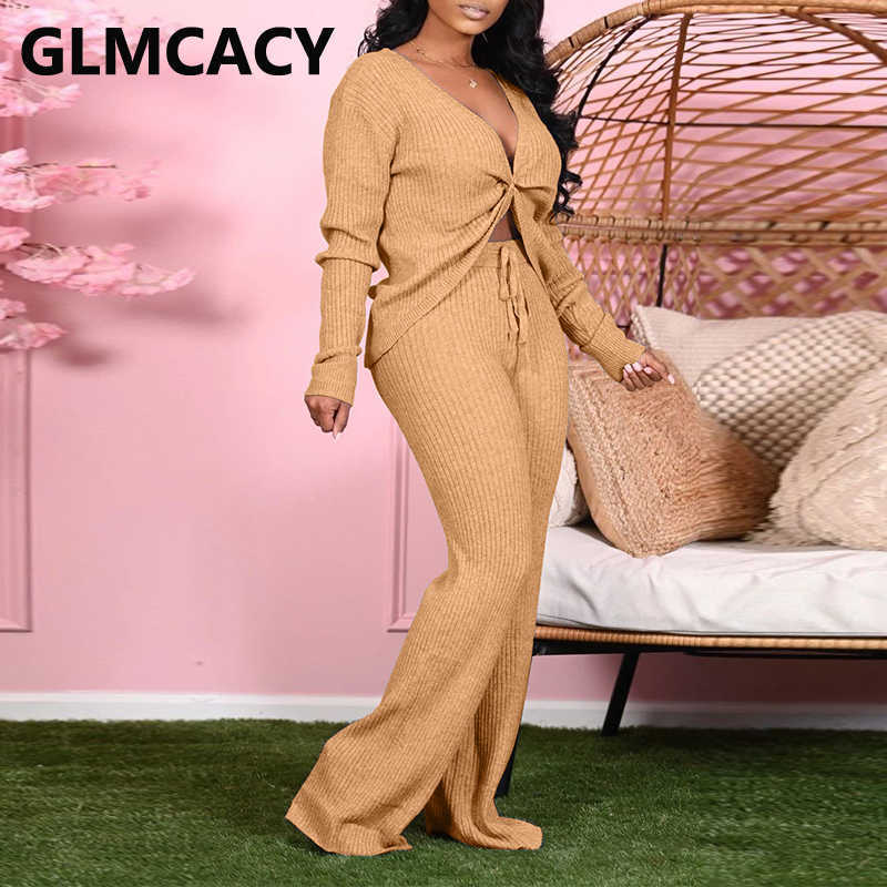 Women Two Piece Chic Spring Fall Suits Solid Casual Twist Top Loose Pants Set 210702