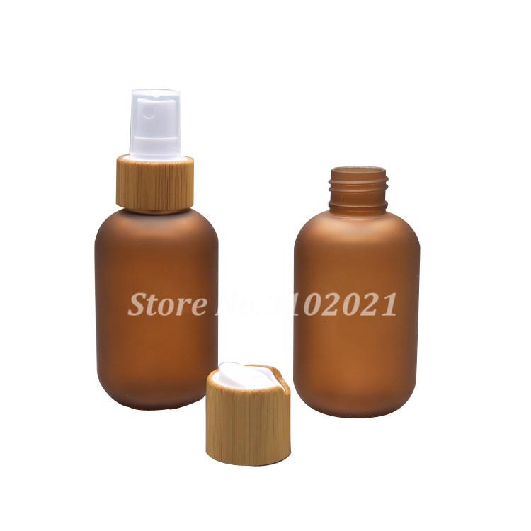 100pcs 120ml Amber Frosted Plastic Lotion Bottle with Bamboo Cap(Screw Lid/Pump Nozzle/Spray Atomizer/Chiaki Cover) Wholesale