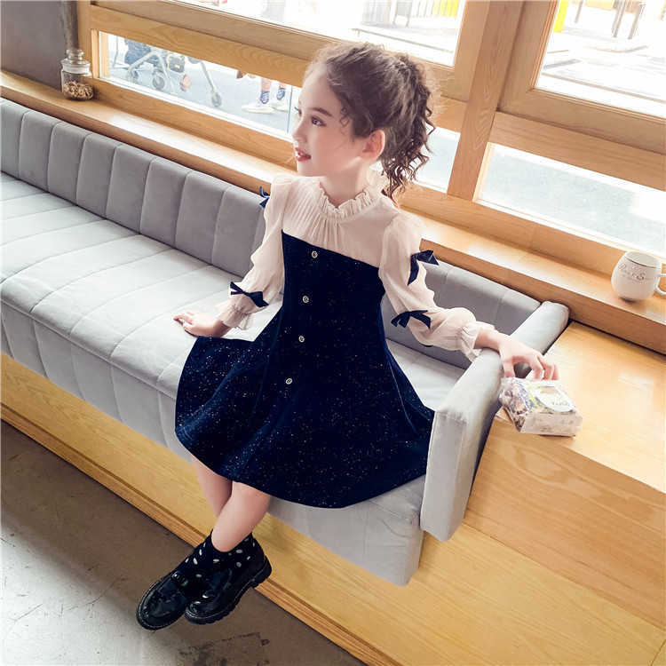 Navy Blue Party Dress For Girls Autumn Bowknot Long Sleeve Kids Clothing Classic Kids Dresses for Girls 4 5 7 9 11 13 Years Old 201204