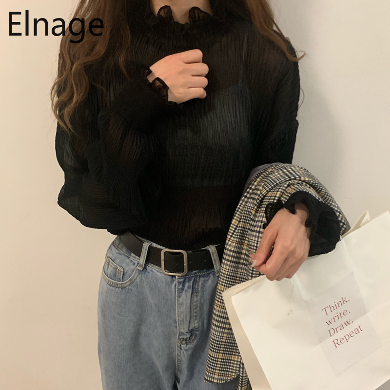 Elnage Spring New Korean Loose Half High Collar Bottoming Trumpet Long Sleeve Blouse with Lace Shirt for Women 5A176 210225