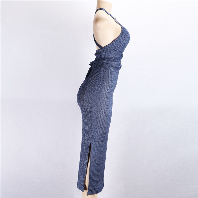 Summer Sheath Dress Women Clothes Sexy Party Halter Neck Sleeveless Slit Mid-calf Dresses Slim Backless Bandage Grey Vestidos T200320