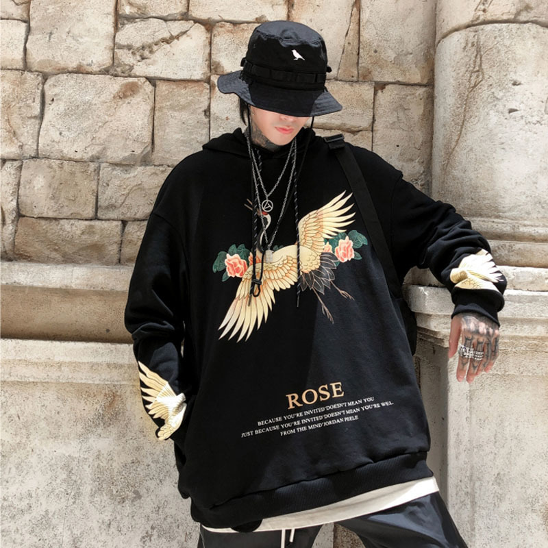 Fashion Style Japanese Crane Printing Hoodies Men 100%Cotton Fashion Long Sleeve Black Hoodie 201126