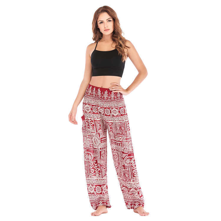 Bohemia Breathable Loose Pants Women Elastici Waist Harem Woman Thailand Geometric Print Pocket Casual Pantalones De Mujer 210604