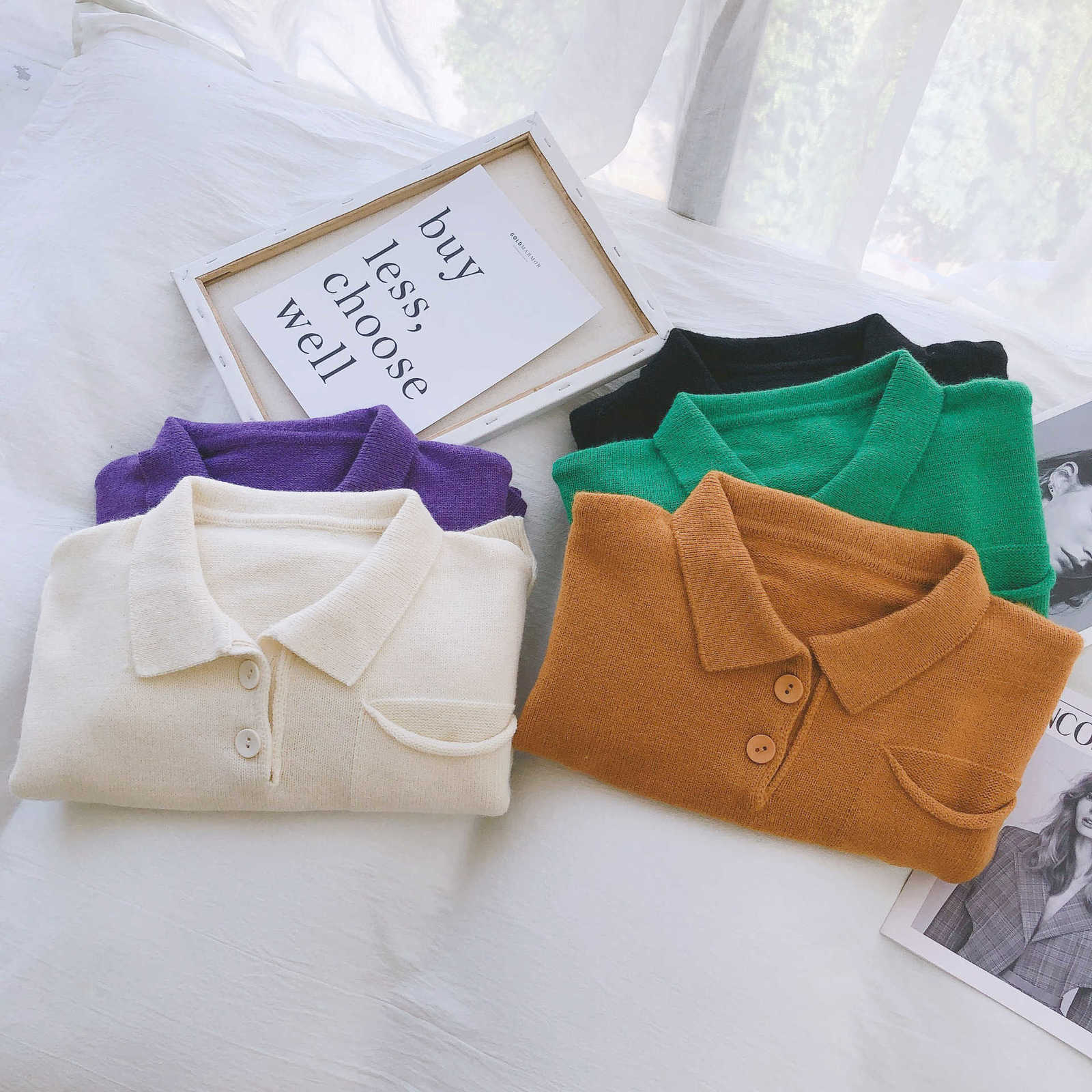 EBAIHUI Autumn Polo Pullover Sweater Women Loose Turn Down Collar Outerwear Soft Solid Short Knit Sweaters Top 211011Z