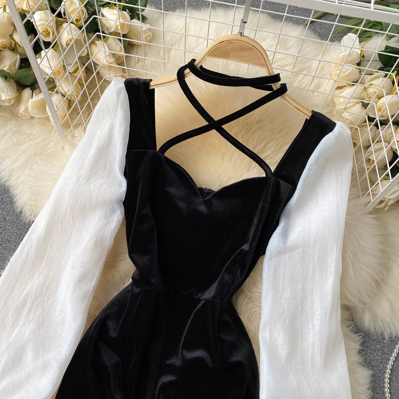 Autumn Winter BlackWhite Patchwork Dress For Women Sexy Halter Long Sleeve Party Dresses Female Velvet Vestidos Fashion 210303
