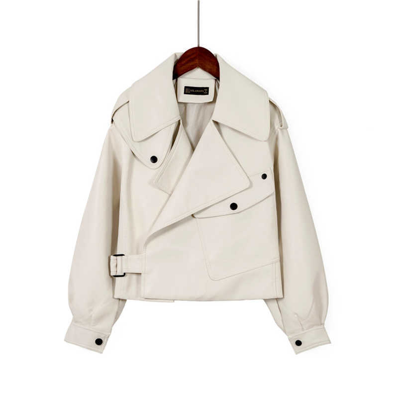 Spring Autumn Women Faux Leather Jacket Turndown Collar PU Motorcycle Loose Coat Female Cool Streetwear Outerwear 210909