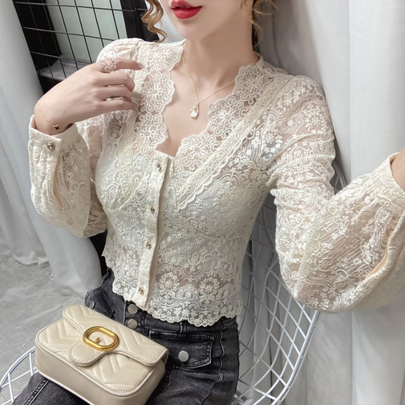 Autumn Sexy V-Neck Lace Patchwork Blouse For Women Hollow Out Long Sleeve Chiffon Shirt Female Beige Short Tops Blusas 210308