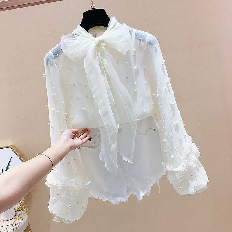 Spring Sweet Bow Solid Beading Full Chiffon Shirts Women Blouse 210615Z